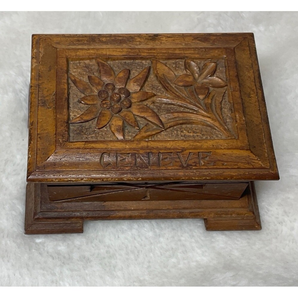 Vintage Wooden Box Souvenir Geneve/ceneve? Jewelry Case Floral Flower 3.5"